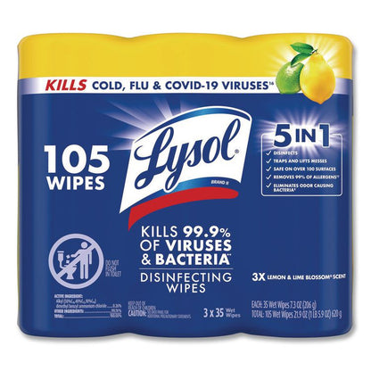 Disinfecting Wipes, 1-Ply, 7 x 7.25, Lemon and Lime Blossom, White, 35 Wipes/Canister, 3 Canisters/Pack, 4 Packs/Carton