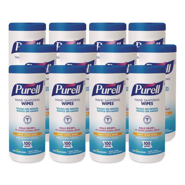 Premoistened Hand Sanitizing Wipes, 5.78 x 7, Fresh Citrus, White, 100/Canister, 12 Canisters/Carton