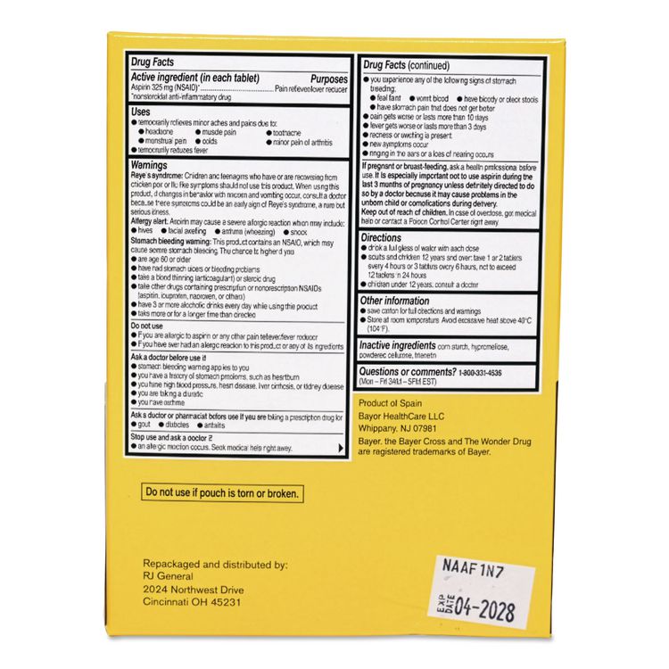 Bayer Aspirin, 2 Tablets/Packet, 50 Packets/Box