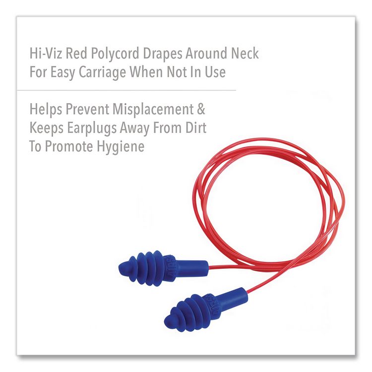 AirSoft Multiple-Use Corded Earplugs, Red Cord, 27 dB NRR, One Size Fits Most, Blue 4-Flange Plugs, 100/Box