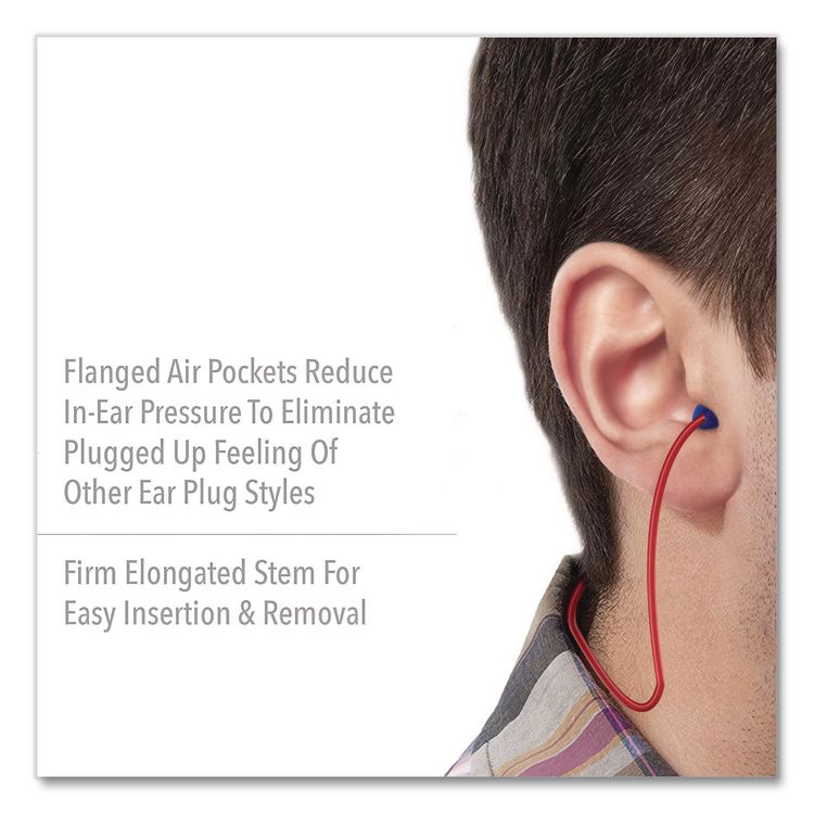 AirSoft Multiple-Use Corded Earplugs, Red Cord, 27 dB NRR, One Size Fits Most, Blue 4-Flange Plugs, 100/Box