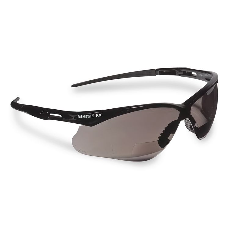 Nemesis Readers Safety Glasses, 2.0+ Diopter, Black Half Frame, Smoke Dual Lens