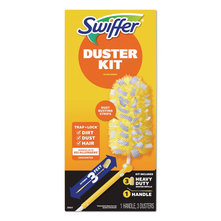 Heavy Duty Dusters with Extendable Handle, Plastic Handle Extends to 3 ft, 1 Handle and 3 Dusters/Kit, 6 Kits/Carton