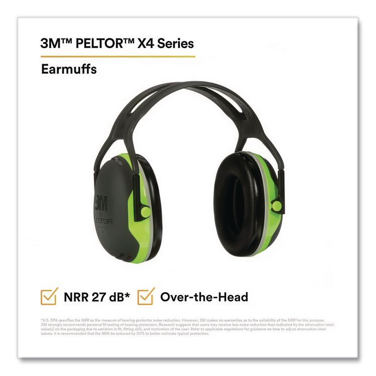 PELTOR X4A Over the Head Earmuffs, Dielectric, 27 dB NRR, Black/Chartreuse