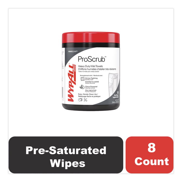 Power Clean ProScrub Pre-Saturated Wipes, 12 x 9.5, Citrus Scent, Green/White, 50/Canister, 8 Canisters/Carton