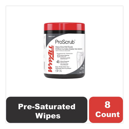 Power Clean ProScrub Pre-Saturated Wipes, 12 x 9.5, Citrus Scent, Green/White, 50/Canister, 8 Canisters/Carton