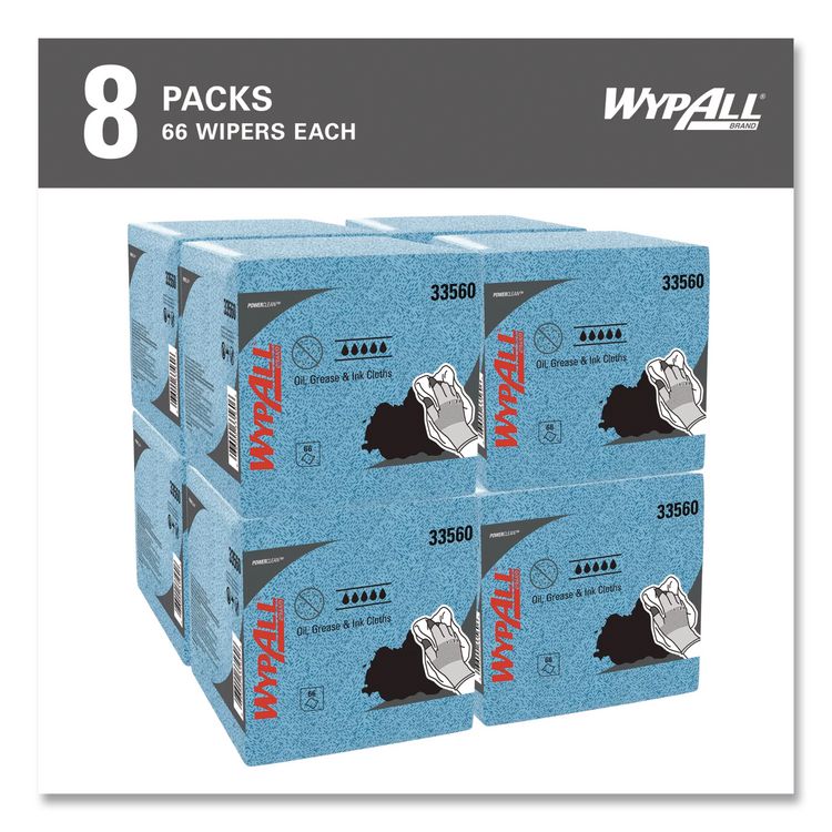 Power Clean Oil, Grease and Ink Cloths, 1/4 Fold, 12.5 x 12, Blue, 66/Box, 8 Boxes/Carton