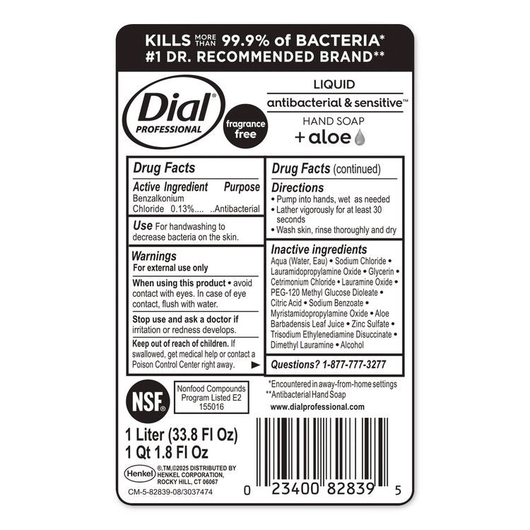 Antibacterial and Sensitive Liquid Hand Soap for 1 L Dispenser, Fragrance Free, 1 L, 8/Carton