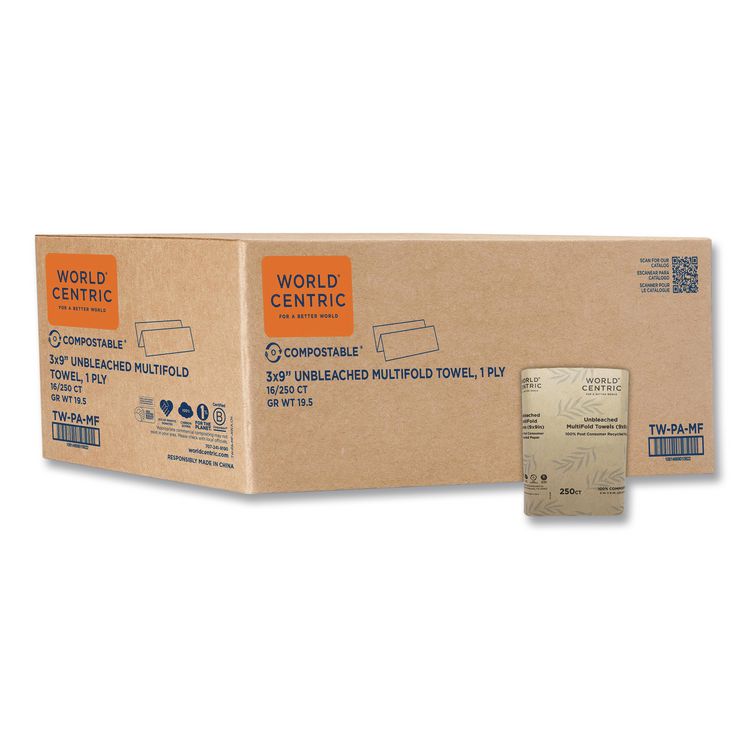 100% PCW Recycled Paper Towels, 1-Ply, 9 x 9, Natural, 250/Pack, 16 Packs/Carton