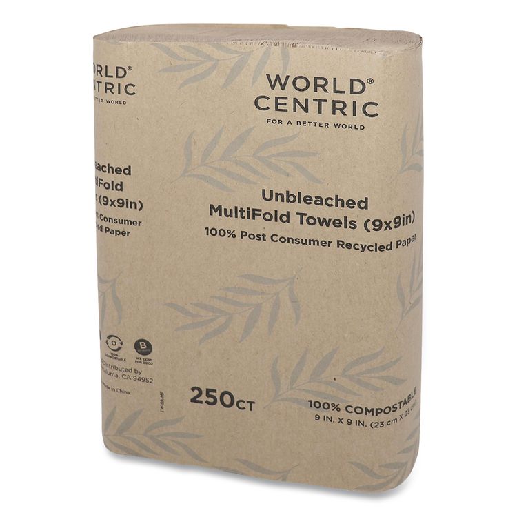 100% PCW Recycled Paper Towels, 1-Ply, 9 x 9, Natural, 250/Pack, 16 Packs/Carton