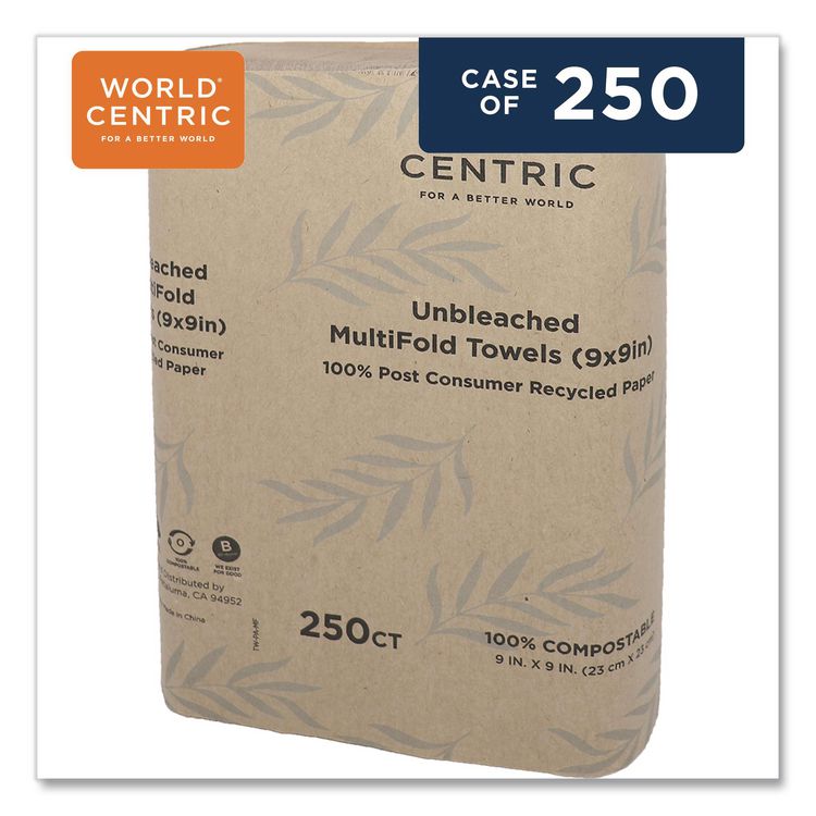 100% PCW Recycled Paper Towels, 1-Ply, 9 x 9, Natural, 250/Pack, 16 Packs/Carton
