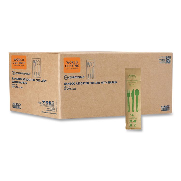Bamboo Cutlery, Fork/Knife/Napkin/Spoon, Paper, Natural, 250/Carton