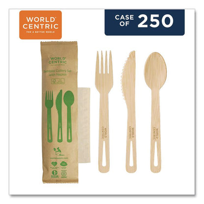 Bamboo Cutlery, Fork/Knife/Napkin/Spoon, Paper, Natural, 250/Carton