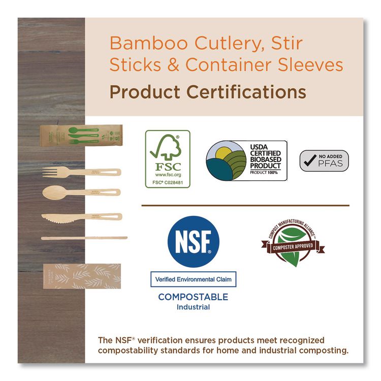 Bamboo Cutlery, Fork/Knife/Napkin/Spoon, Paper, Natural, 250/Carton