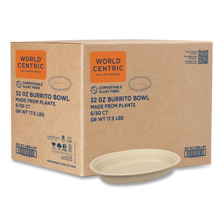 Fiber Bowls, Burrito Bowl, 32 oz, 9.7 x 5.3 x 1.6, Natural, Paper, 300/Carton