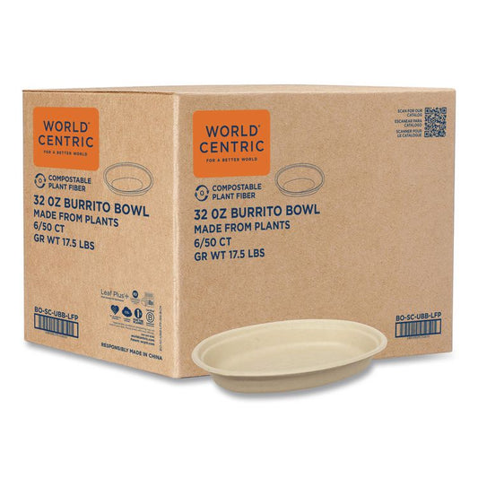Fiber Bowls, Burrito Bowl, 32 oz, 9.7 x 5.3 x 1.6, Natural, Paper, 300/Carton