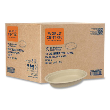 Fiber Bowls, Burrito Bowl, 18 oz, 8 x 5.3 x 1.6, Natural, Paper, 400/Carton