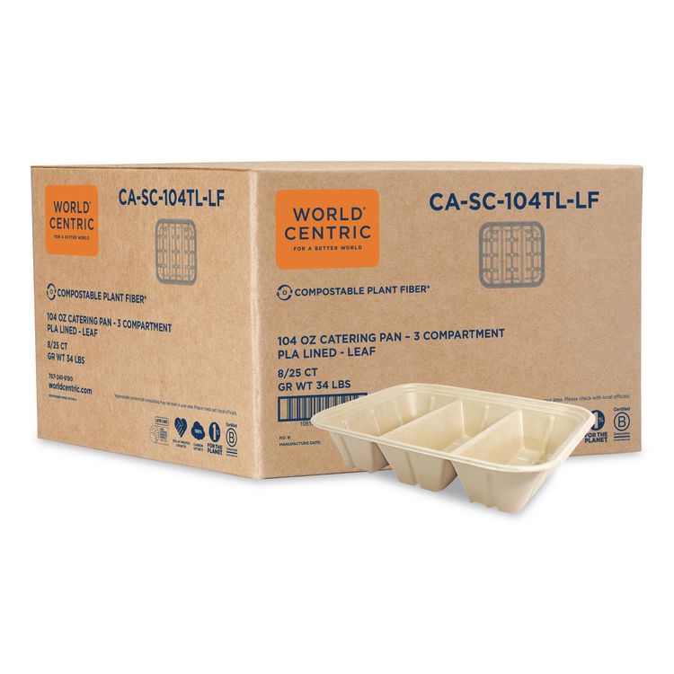Fiber Catering Pans, 3 Compartments, 10.3 x 2.8 x 12.8, Paper, Natural, 200/Carton