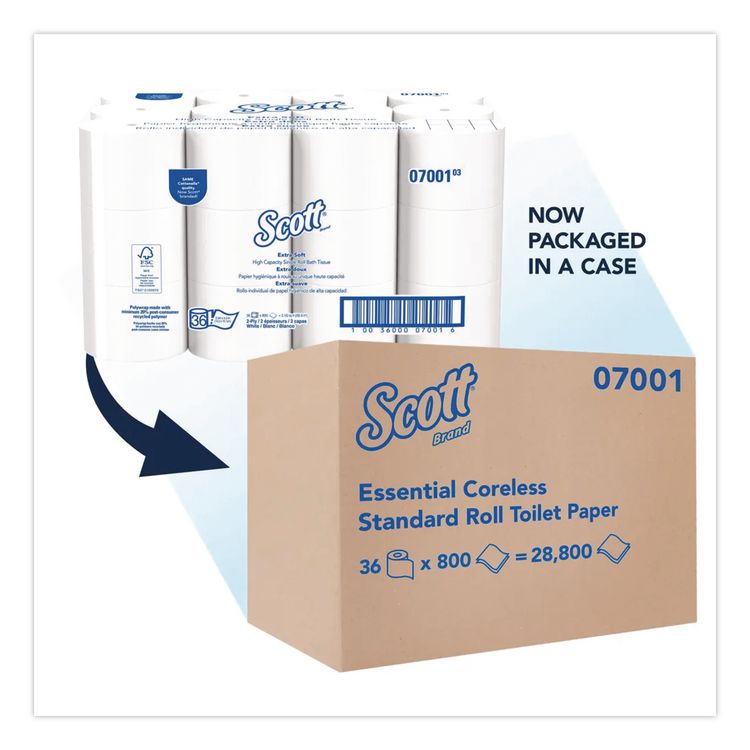 Essential Extra Soft Coreless Standard Roll Bath Tissue, Septic Safe, 2-Ply, White, 800 Sheets/Roll, 36 Rolls/Carton