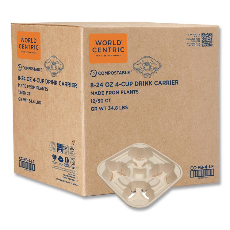 Fiber Cup Carriers, 8 oz to 22 oz, Four Cups, Natural, 600/Carton