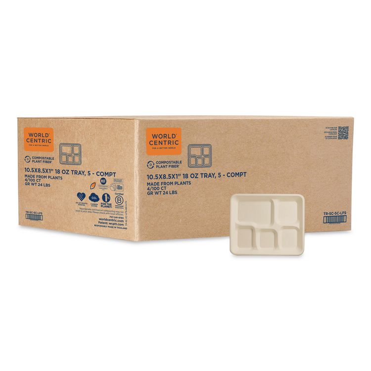 Fiber Foodservice Trays, 5 Compartments, 8.5 x 10.24 x 1.01, Natural, Paper, 400/Carton