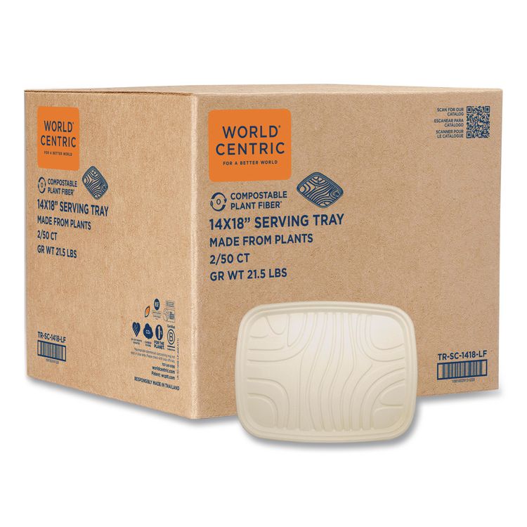 Fiber Foodservice Trays, PLA Lined, PFAS Free, 18 x 14 x 1, Natural, Paper, 100/Carton