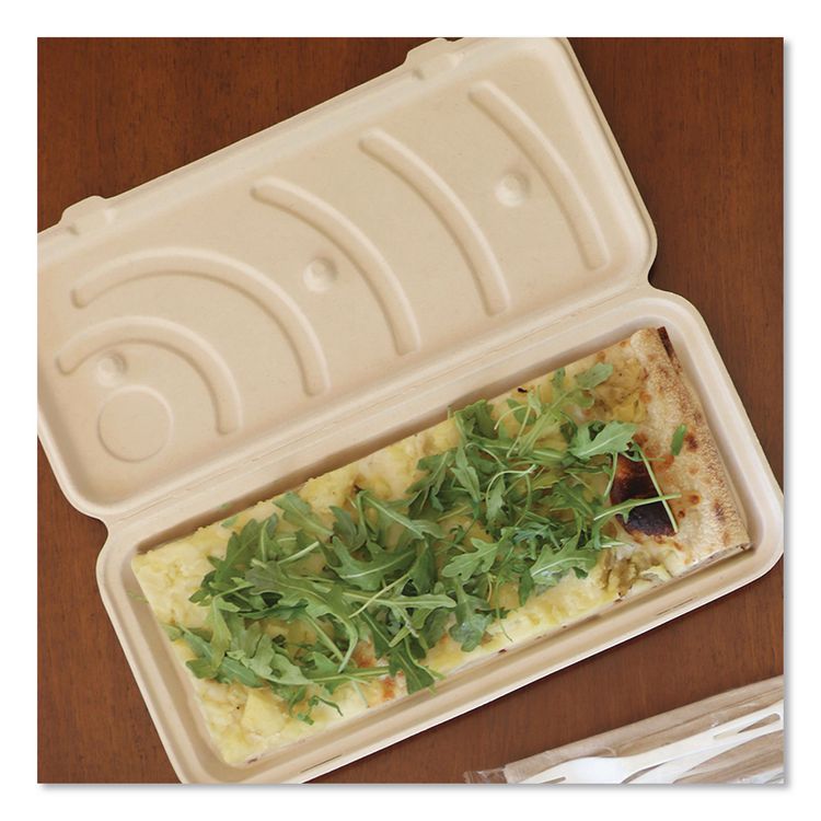 Fiber Hinged Takeout Containers, 13.7 x 6.6 x 1.3, Natural, Paper, 200/Carton