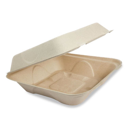 Fiber Hinged Takeout Containers, 8.2 x 8.8 x 2.9, Natural, Sugarcane Fiber, 300/Carton