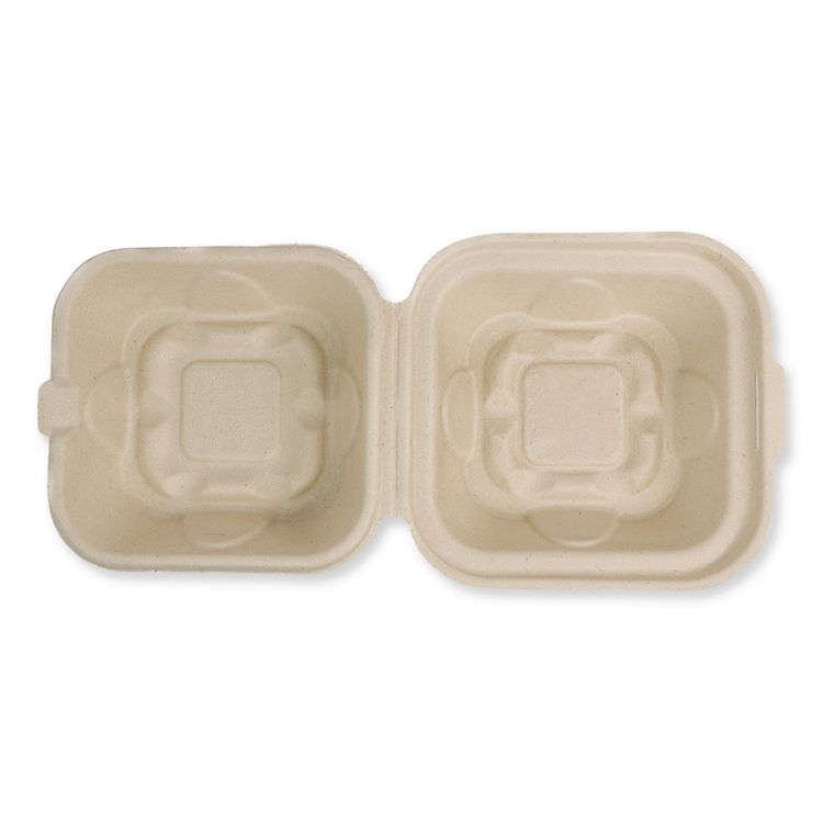 Fiber Hinged Takeout Containers, 8.2 x 8.8 x 2.9, Natural, Sugarcane Fiber, 300/Carton