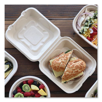 Fiber Hinged Takeout Containers, 8.2 x 8.8 x 2.9, Natural, Sugarcane Fiber, 300/Carton