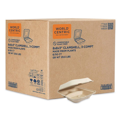 Fiber Hinged Takeout Containers, 3 Compartments, 8.8 x 8.2 x 2.9, Natural, Paper, 300/Carton