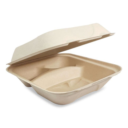 Fiber Hinged Takeout Containers, 3 Compartments, 8.8 x 8.2 x 2.9, Natural, Paper, 300/Carton
