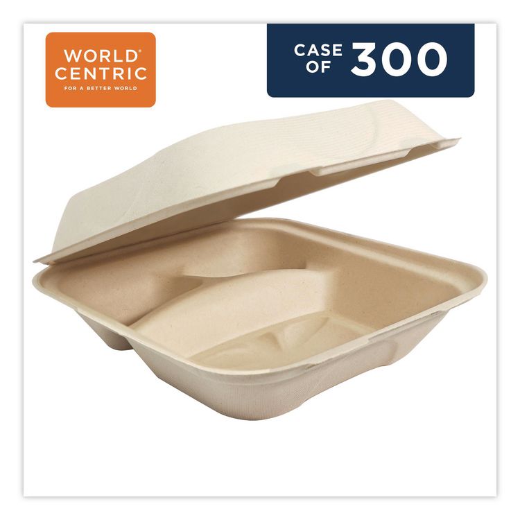 Fiber Hinged Takeout Containers, 3 Compartments, 8.8 x 8.2 x 2.9, Natural, Paper, 300/Carton