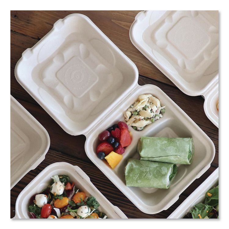 Fiber Hinged Takeout Containers, 3 Compartments, 8.8 x 8.2 x 2.9, Natural, Paper, 300/Carton