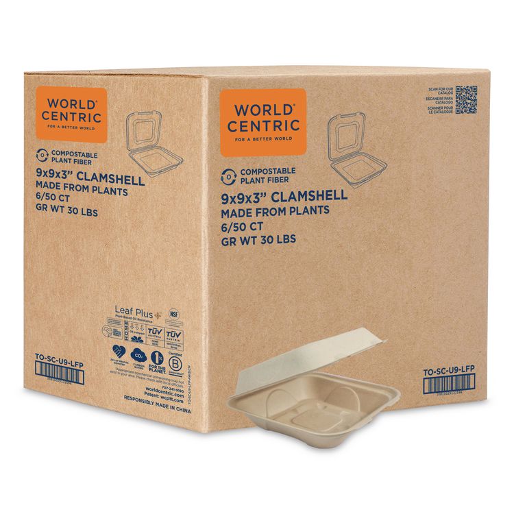 Fiber Hinged Takeout Containers, 9.2 x 9.1 x 3.2, Natural, Paper, 300/Carton