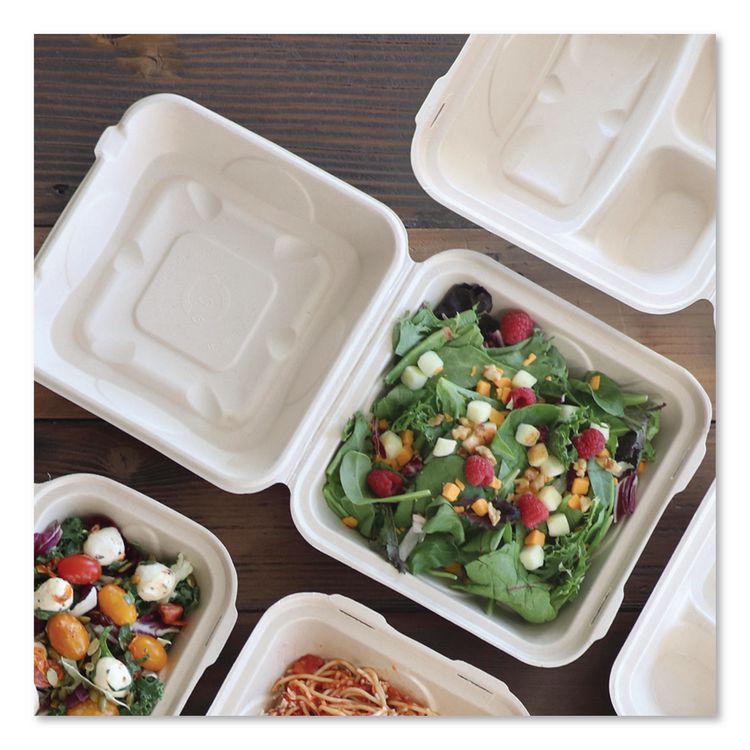 Fiber Hinged Takeout Containers, 9.2 x 9.1 x 3.2, Natural, Paper, 300/Carton