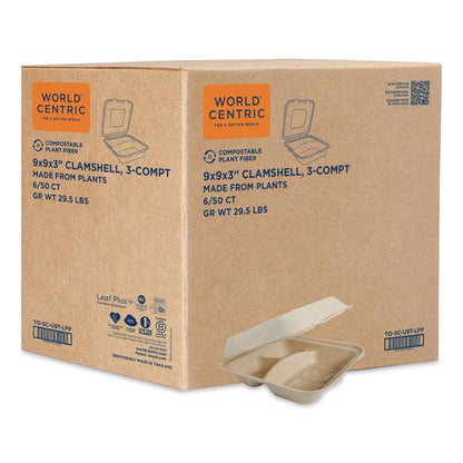 Fiber Hinged Takeout Containers, 3-Compartment, 9.3 x 9 x 3.3, Natural, Paper, 300/Carton