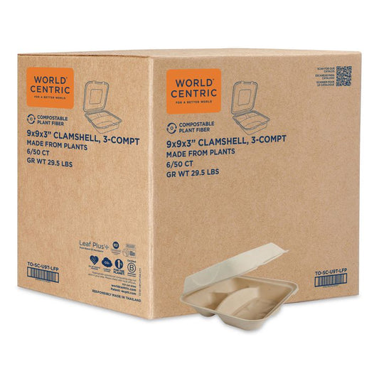 Fiber Hinged Takeout Containers, 3-Compartment, 9.3 x 9 x 3.3, Natural, Paper, 300/Carton