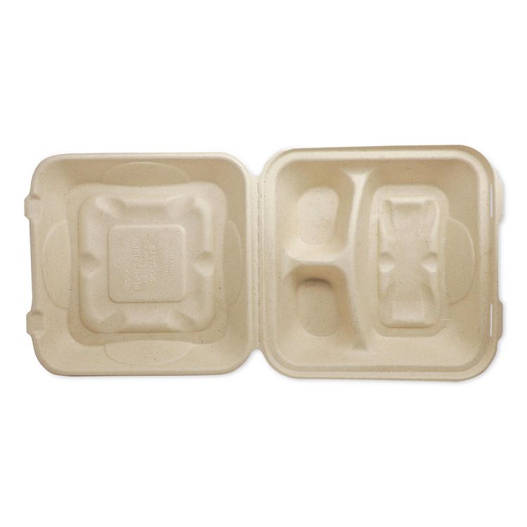 Fiber Hinged Takeout Containers, 3-Compartment, 9.3 x 9 x 3.3, Natural, Paper, 300/Carton