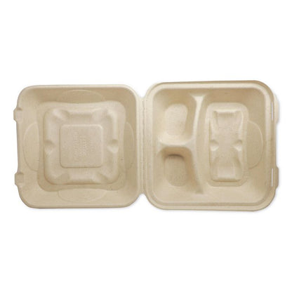 Fiber Hinged Takeout Containers, 3-Compartment, 9.3 x 9 x 3.3, Natural, Paper, 300/Carton