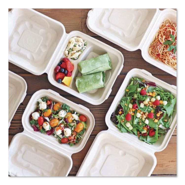 Fiber Hinged Takeout Containers, 3-Compartment, 9.3 x 9 x 3.3, Natural, Paper, 300/Carton