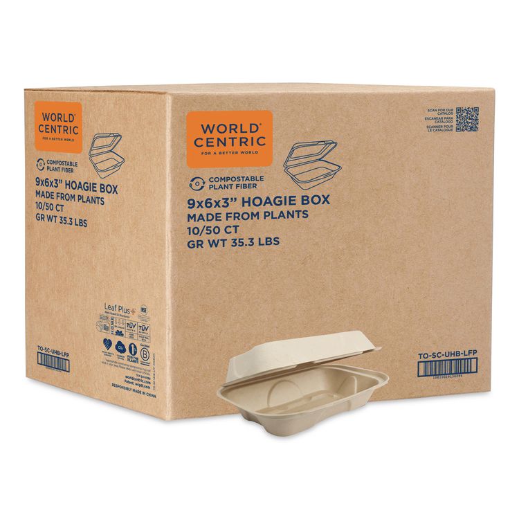 Fiber Hinged Takeout Containers, Hoagie Box, 9.2 x 6.4 x 3.1, Natural, Paper, 500/Carton