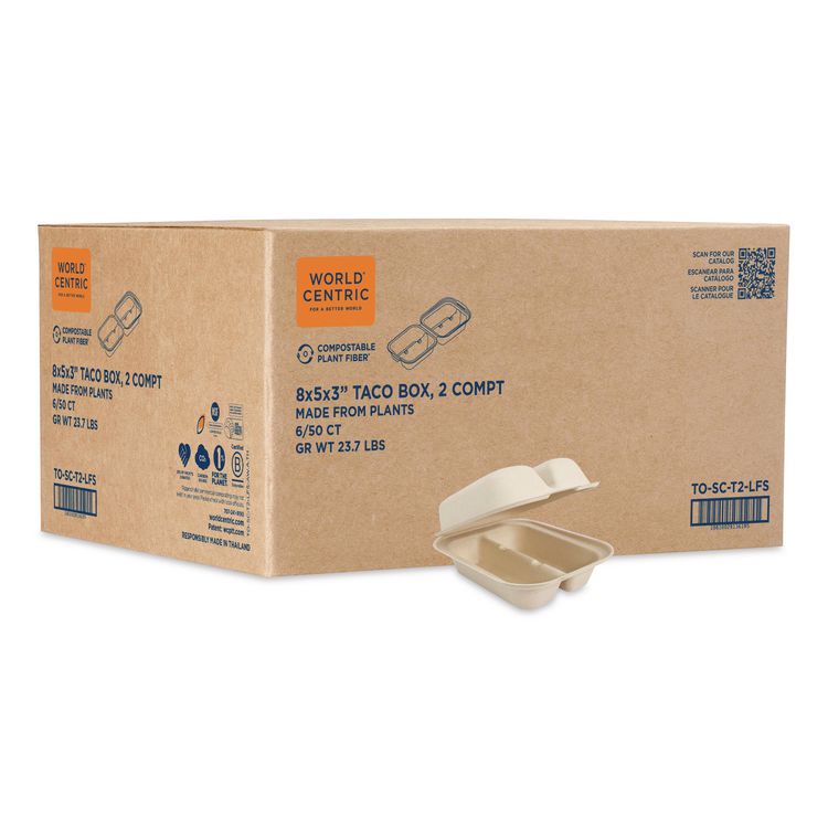 Fiber Hinged Takeout Containers, Taco Box, 2 Compartments, 5.86 x 7.25 x 3.38, Natural, Sugarcane Fiber, 300/Carton