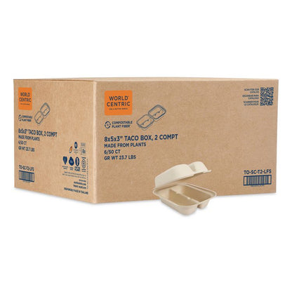 Fiber Hinged Takeout Containers, Taco Box, 2 Compartments, 5.86 x 7.25 x 3.38, Natural, Sugarcane Fiber, 300/Carton