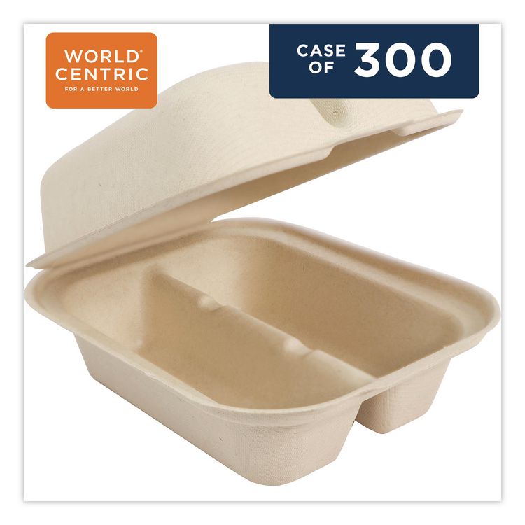Fiber Hinged Takeout Containers, Taco Box, 2 Compartments, 5.86 x 7.25 x 3.38, Natural, Sugarcane Fiber, 300/Carton