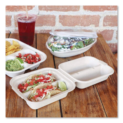 Fiber Hinged Takeout Containers, Taco Box, 2 Compartments, 5.86 x 7.25 x 3.38, Natural, Sugarcane Fiber, 300/Carton