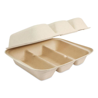 Fiber Hinged Takeout Containers, Taco Box, 7.9 x 9.2 x 3.2, Natural, Sugarcane Fiber, 300/Carton