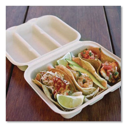 Fiber Hinged Takeout Containers, Taco Box, 7.9 x 9.2 x 3.2, Natural, Sugarcane Fiber, 300/Carton