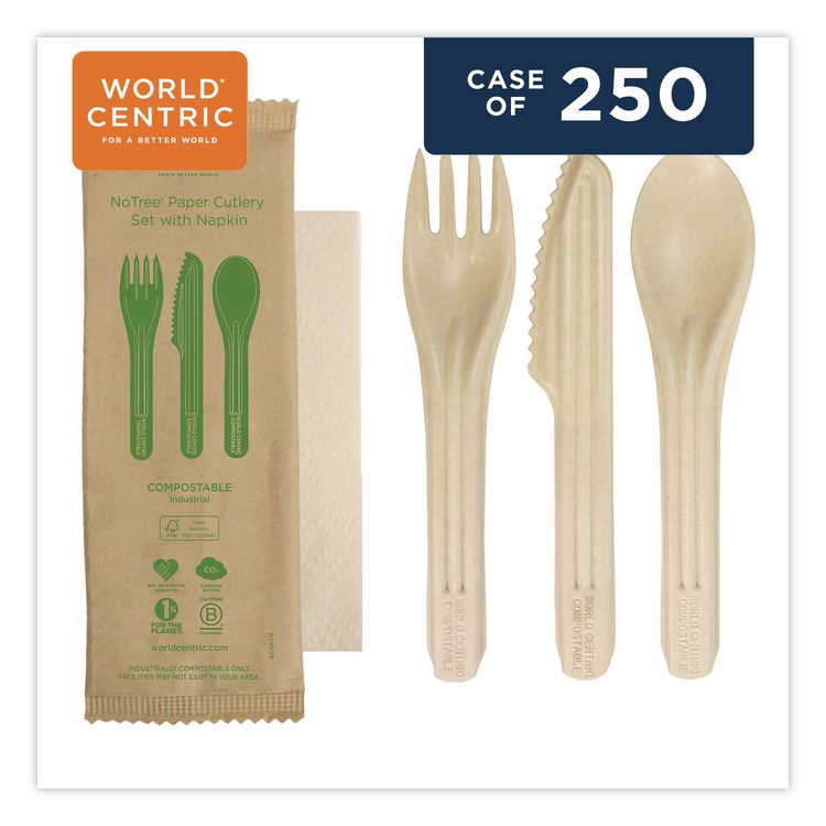NoTree Cutlery, Light Mediumweight, Fork/Knife/Spoon/Napkin, Paper, Natural, 250/Carton