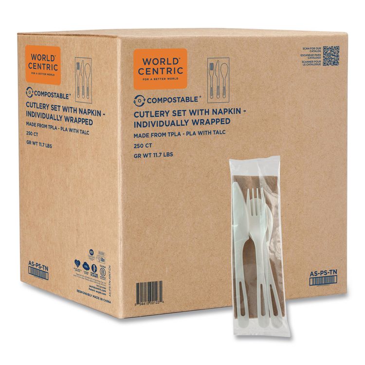 TPLA Wrapped Cutlery, Fork/Knife/Napkin/Spoon, Plastic, Light Beige, 250/Carton